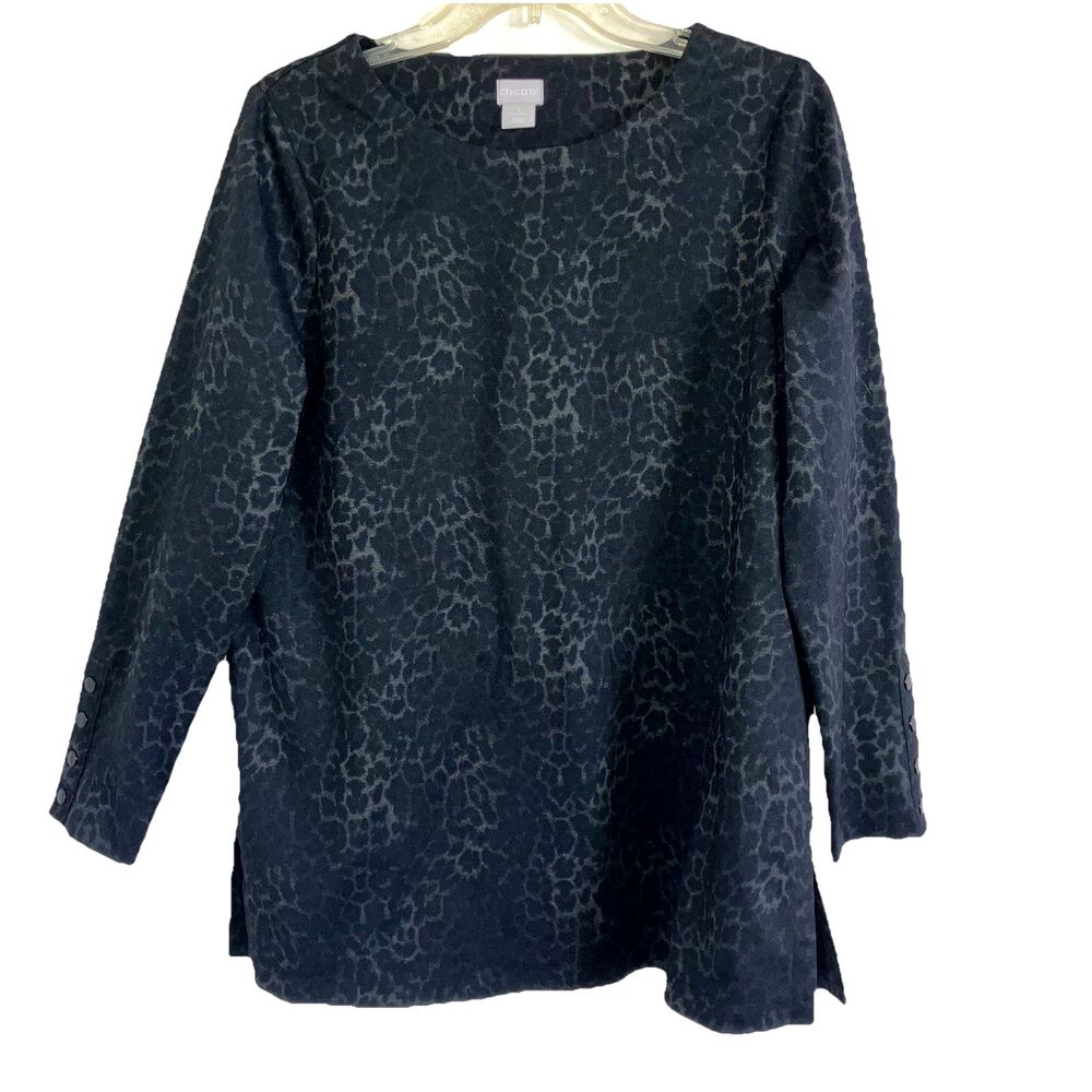 CHICO’S sz M sz 1 Black Long Sleeve Snap Stretch Top Neutral Solid Animal Print